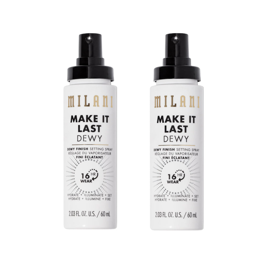 Milani Make It Dewy setting spray bottle closeup for hydrated glow.
