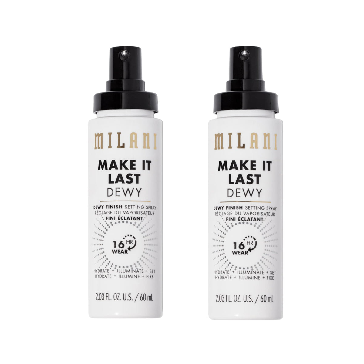 Milani Make It Dewy setting spray bottle closeup for hydrated glow.