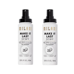 Milani Make It Dewy setting spray bottle closeup for hydrated glow.