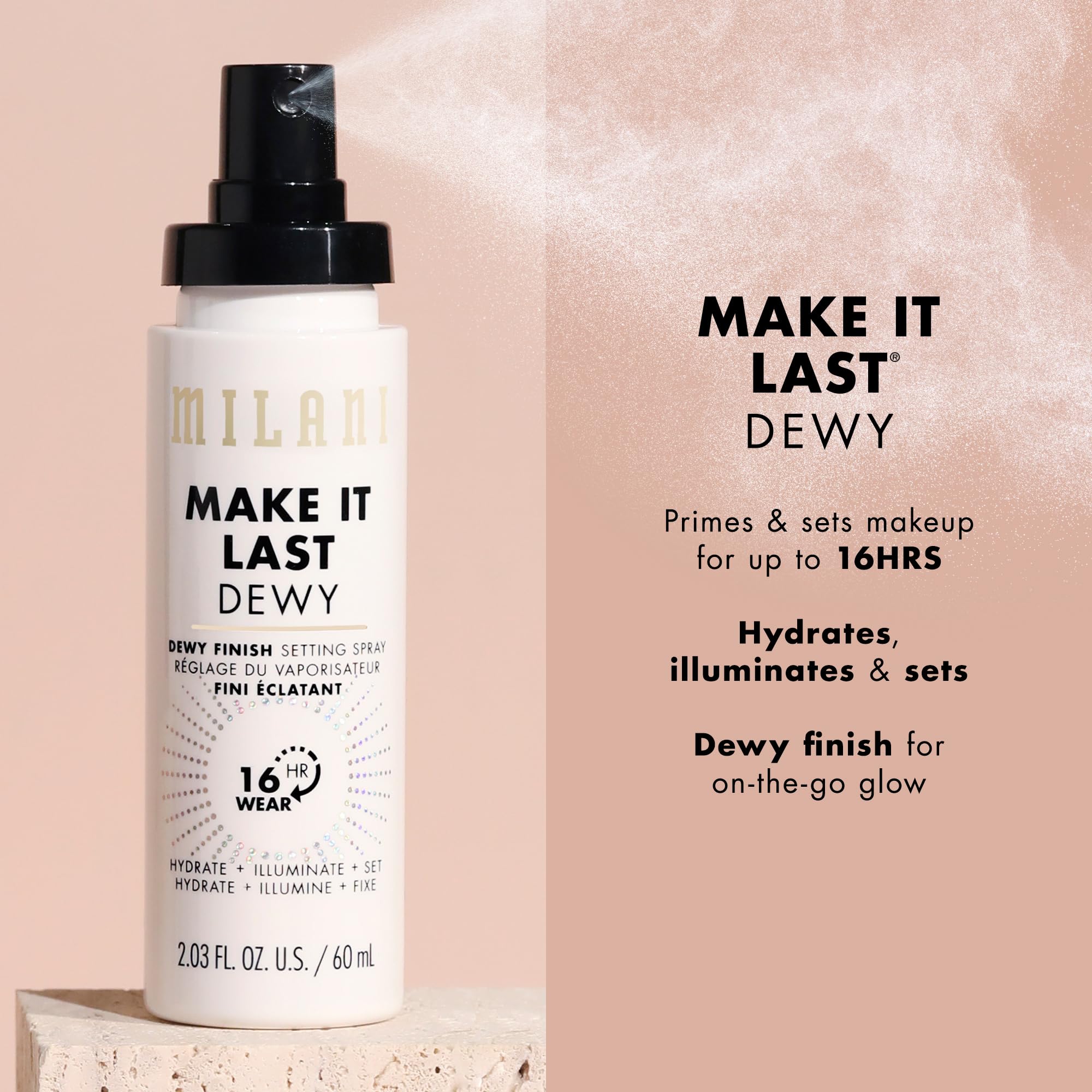 Milani Make It Dewy setting spray packaging shows two-pack value for travelers.