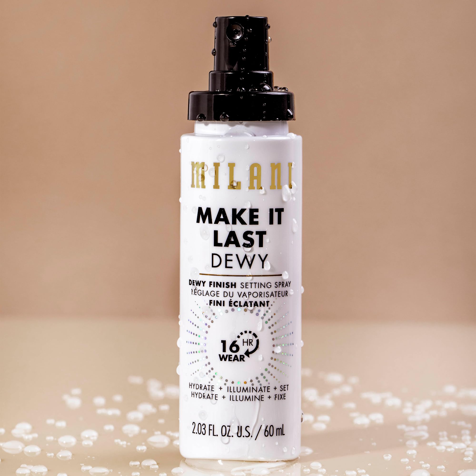 Milani Make It Dewy setting spray primed skin with a luminous glow.