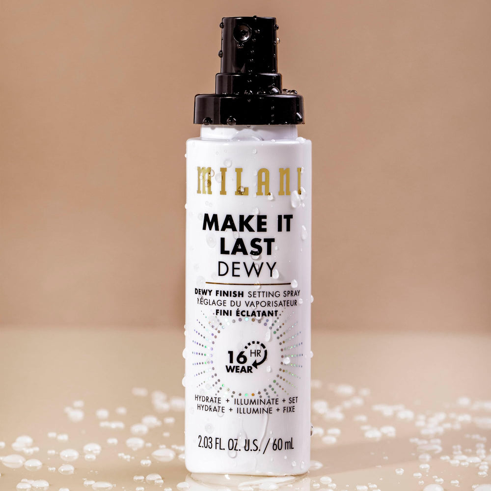 Milani Make It Dewy setting spray primed skin with a luminous glow.