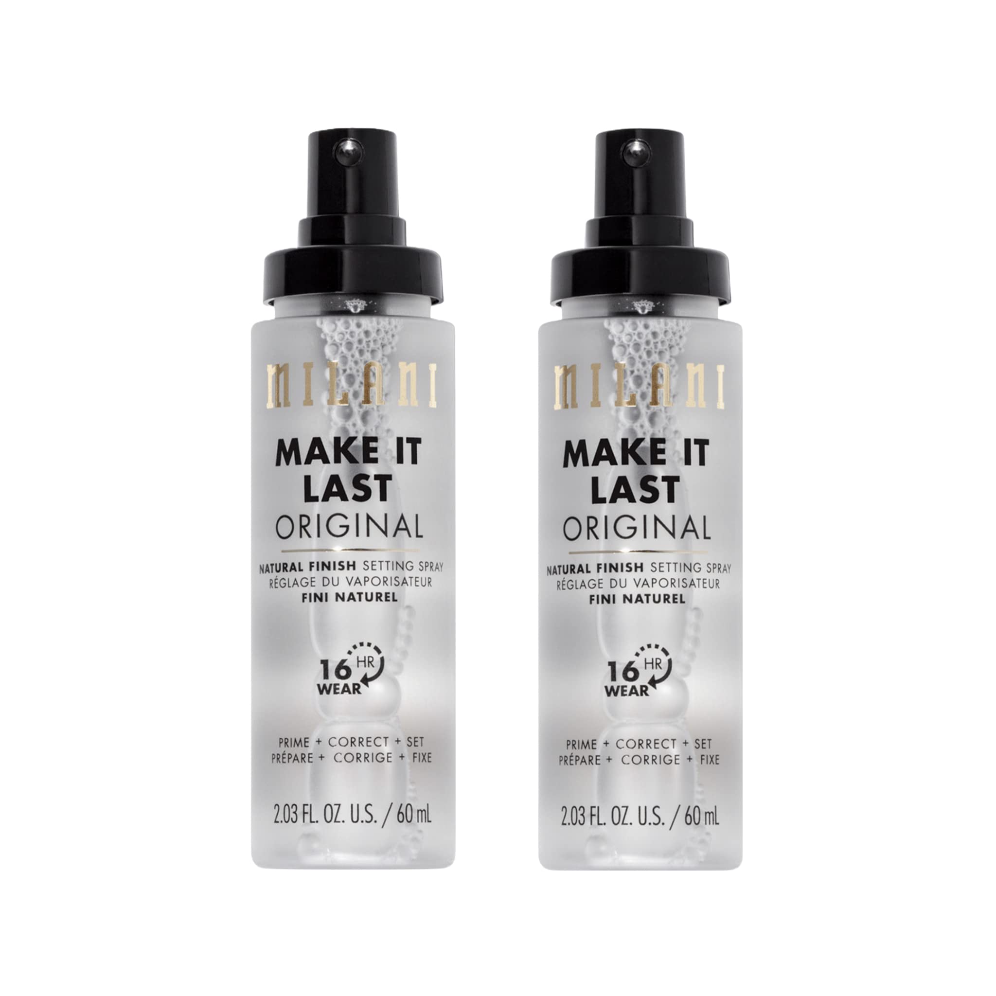 Milani Make It Last Original bottle closeup shows Niacinamide hydration for a natural finish.