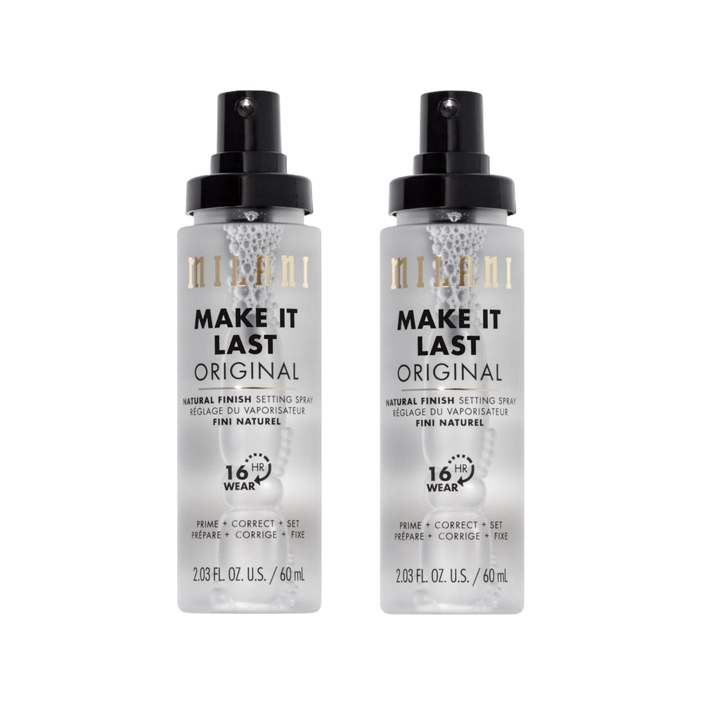 Milani Make It Last Original bottle closeup shows Niacinamide hydration for a natural finish.