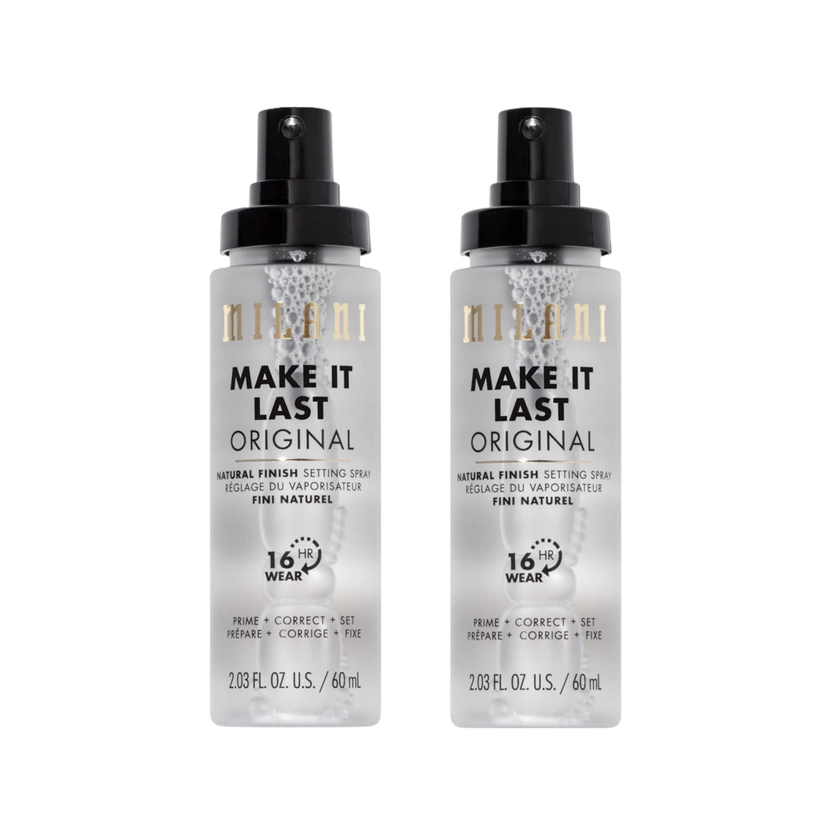 Milani Make It Last Original bottle closeup shows Niacinamide hydration for a natural finish.