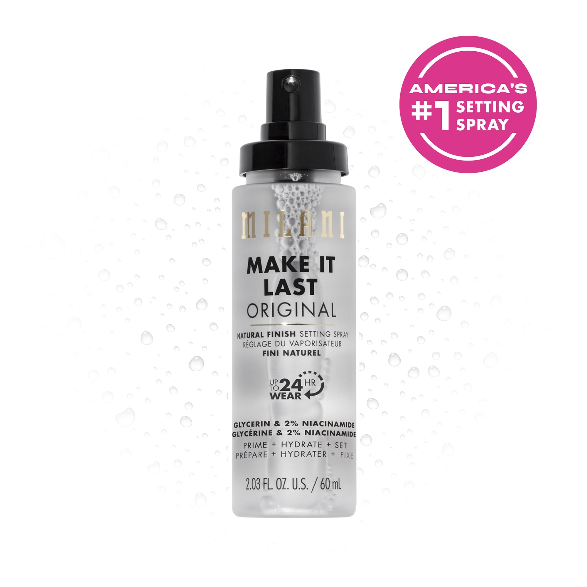Milani Make It Last original bottle closeup highlights a cooling, refreshing mist