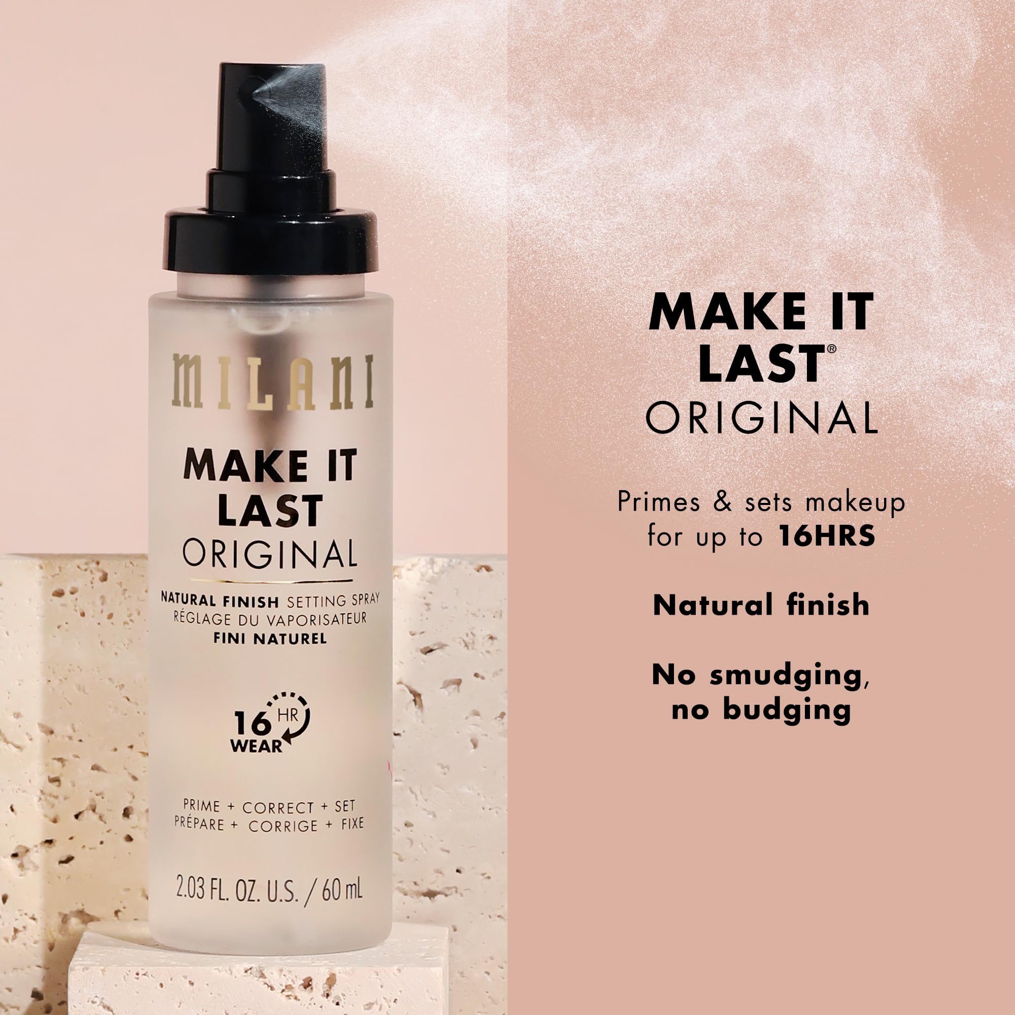 Milani 3-in-1 primer-hydrate-set mist demonstrates versatile makeup prep and hydration.