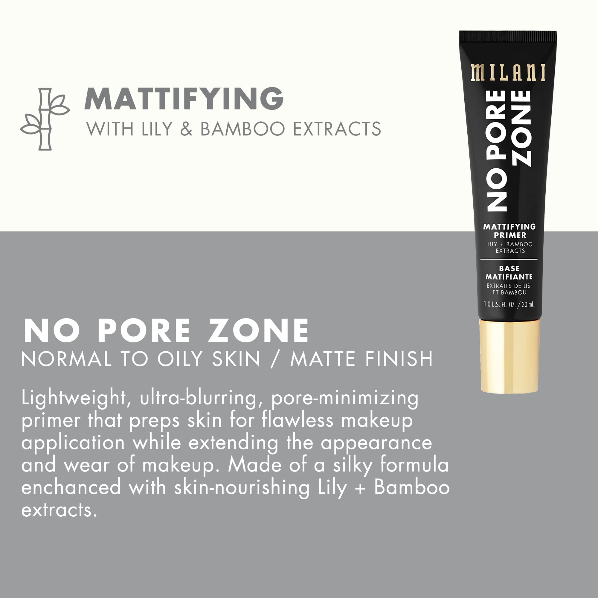 Milani No Pore Zone embalaje con SPF30 para protección diaria.
