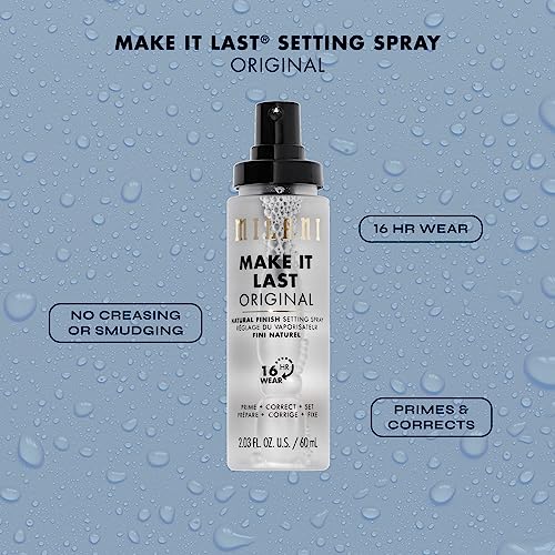 Milani setting spray application angle illustrates long wear without creasing.