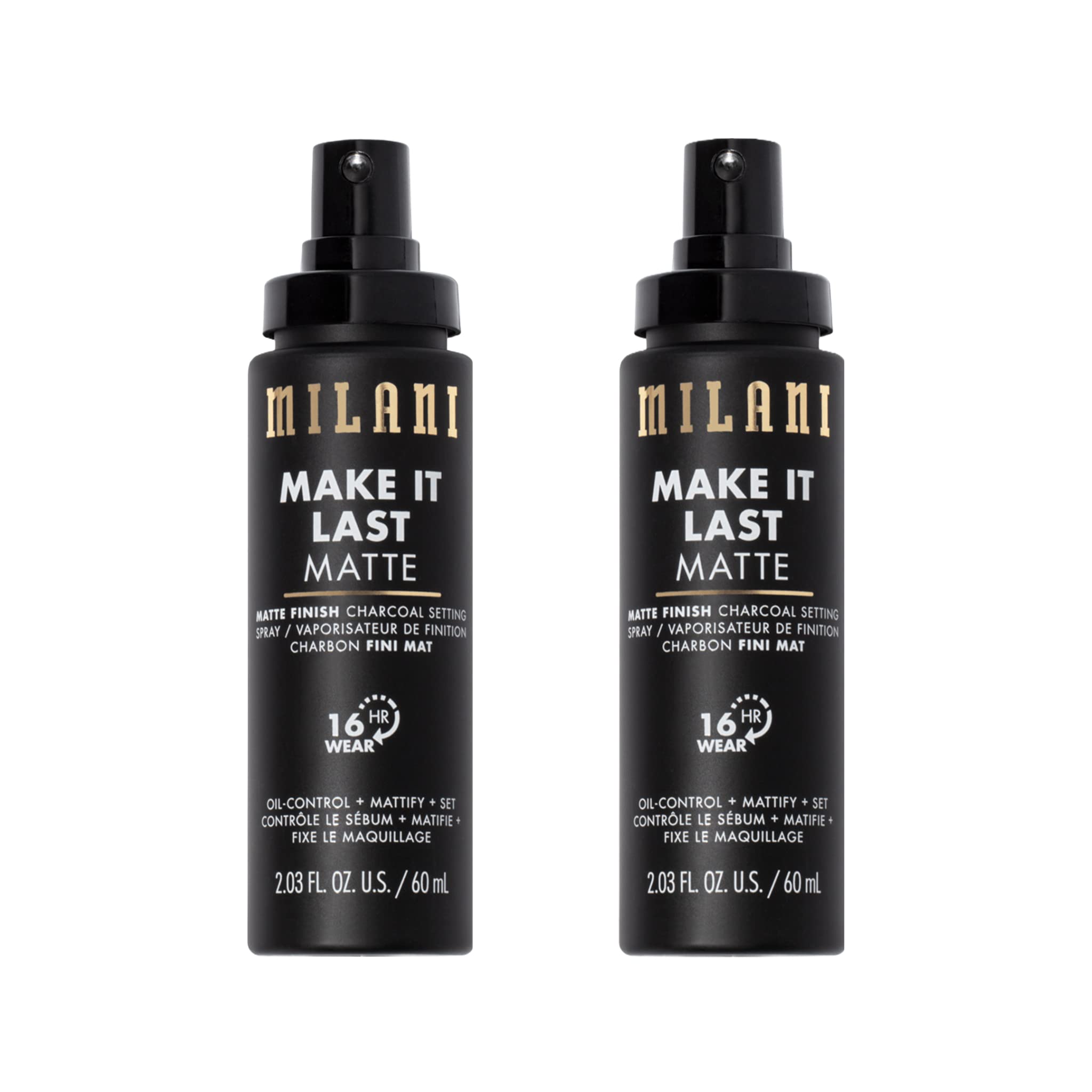 Milani setting spray primer bottle close-up showing matte finish for oil control