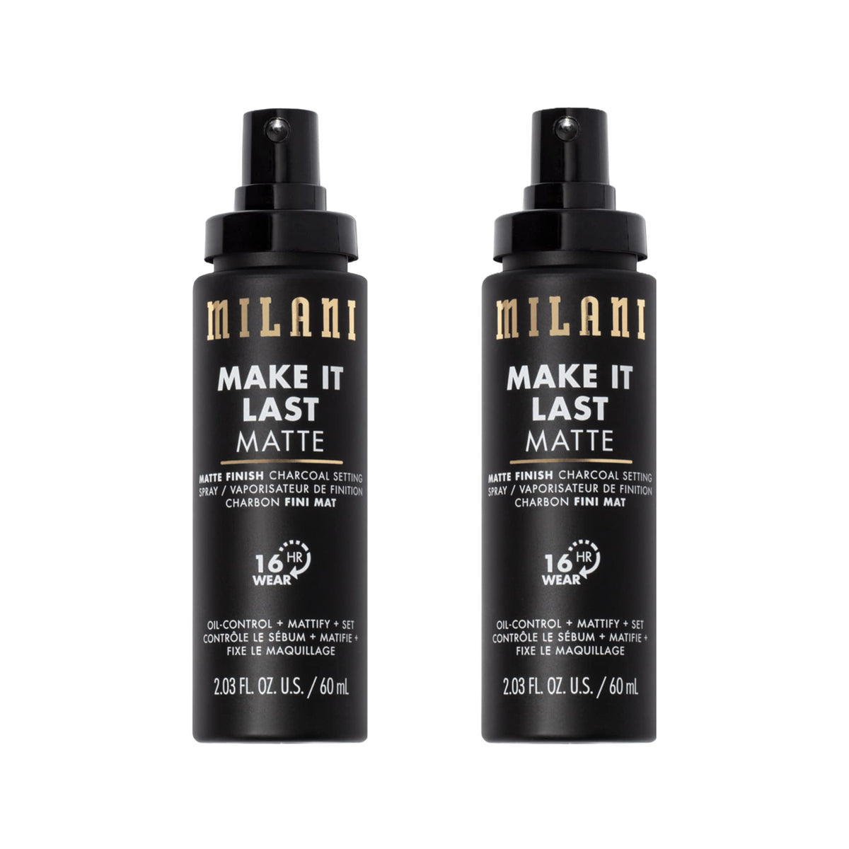 Milani setting spray primer bottle close-up showing matte finish for oil control