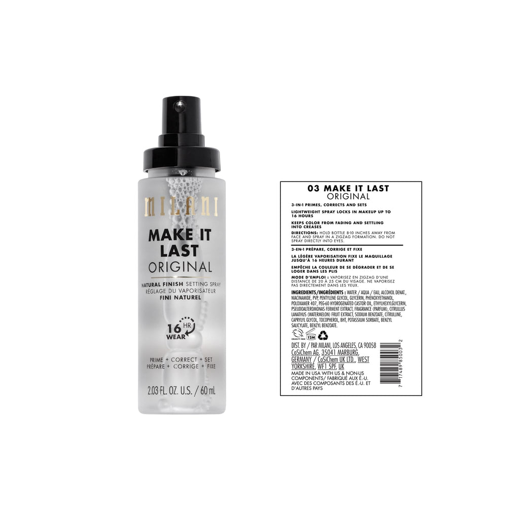 Milani spray-distance tips highlight 8-10 inch application for even coverage.