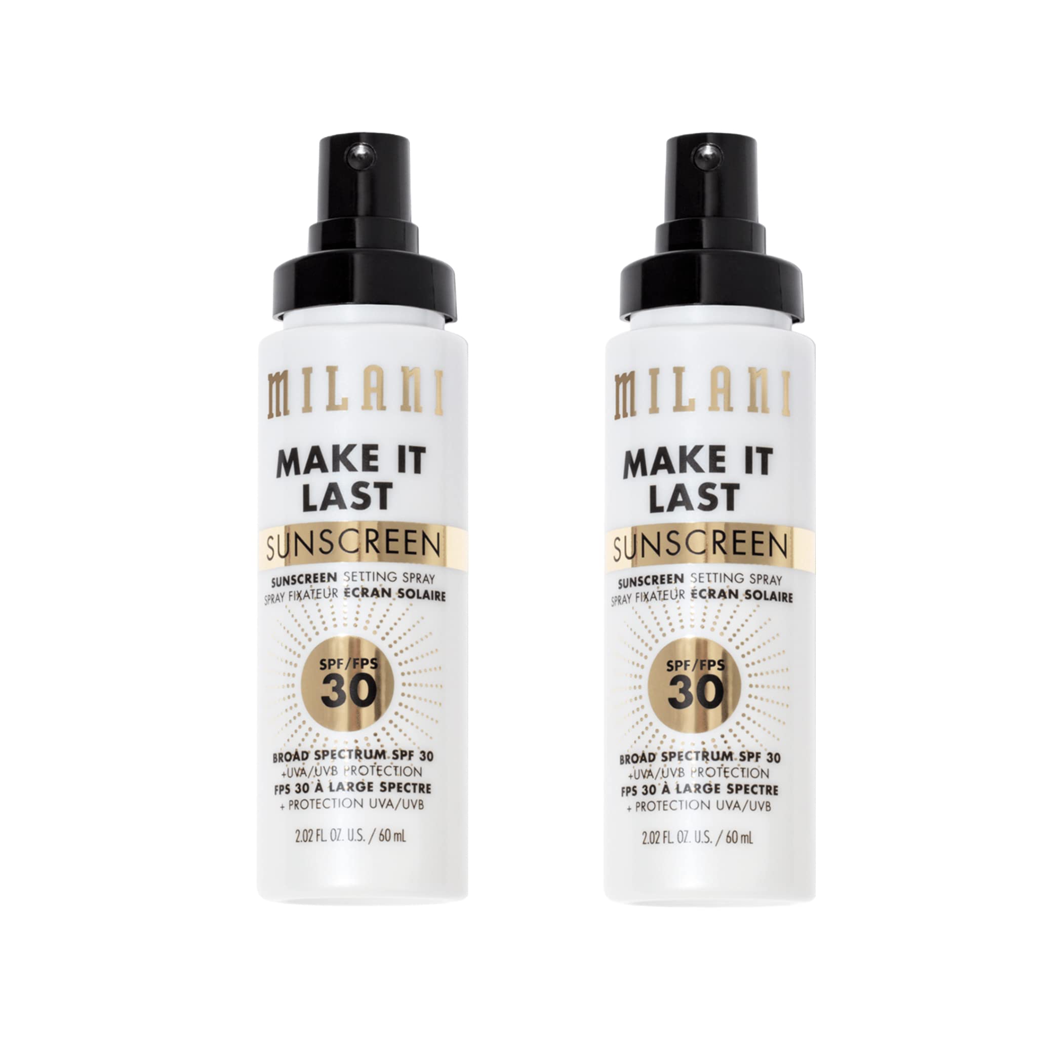 Milani Sunscreen Setting Spray bottle front view with SPF 30 protection