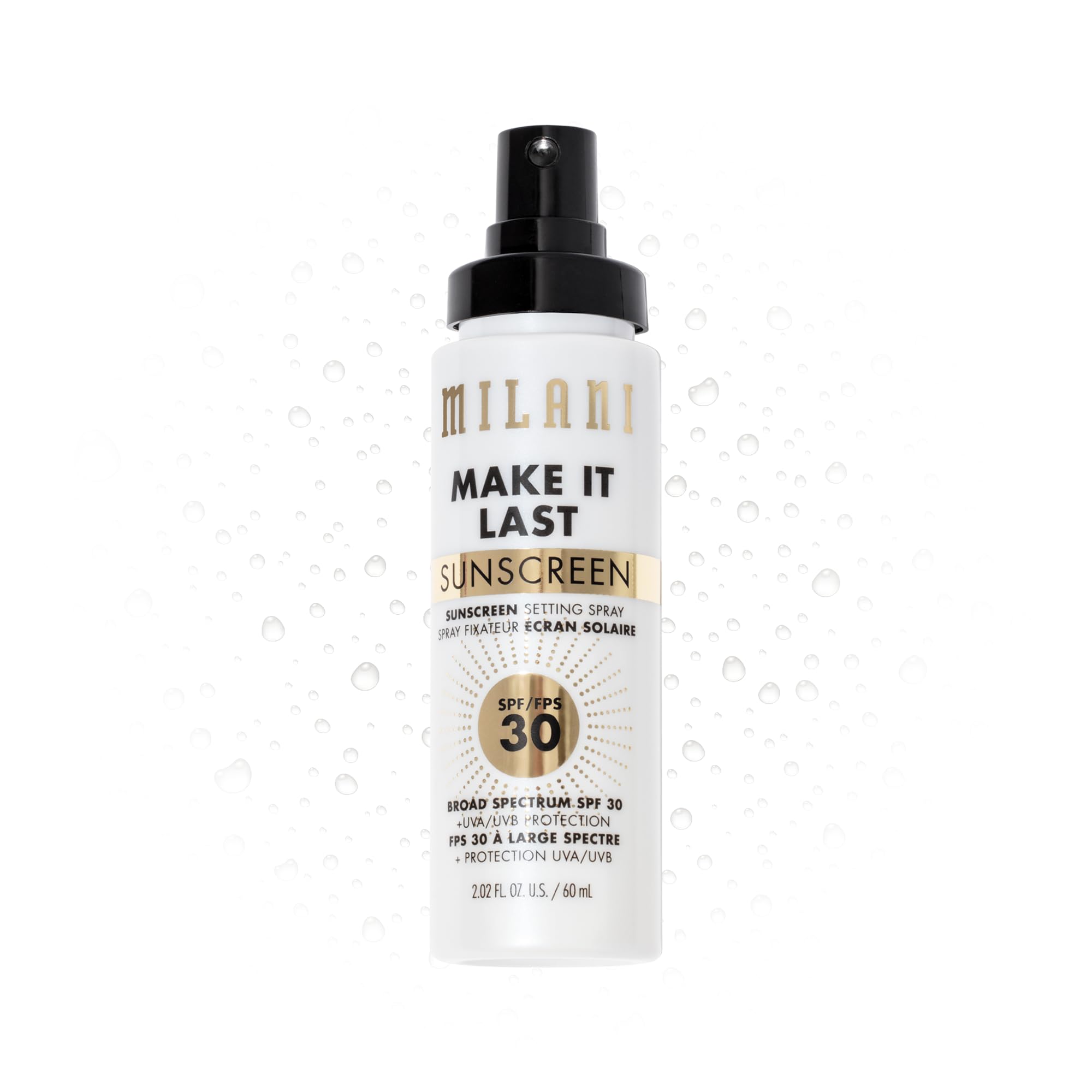 Milani sunscreen setting spray bottle closeup with SPF 30 for a dewy, protected finish