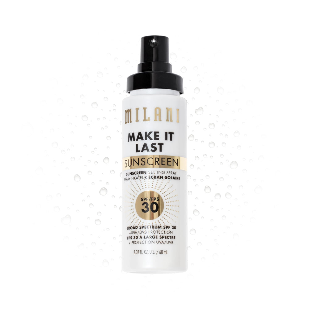 Milani sunscreen setting spray bottle closeup with SPF 30 for a dewy, protected finish