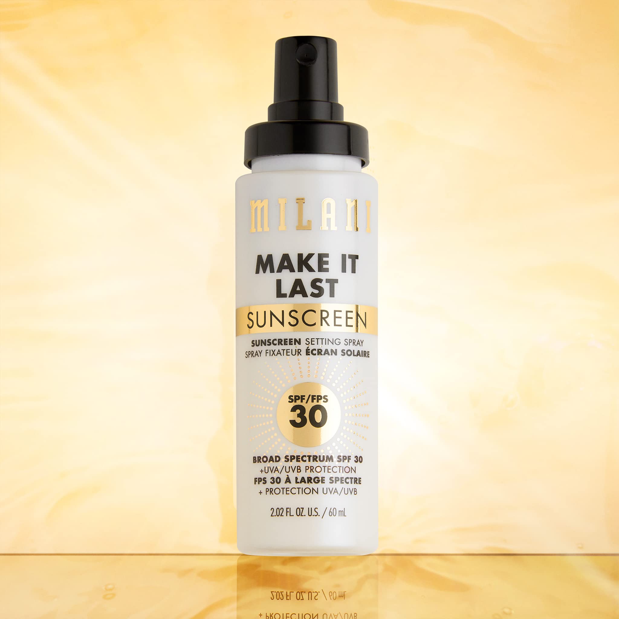 Milani sunscreen setting spray on model highlighting a natural dewy finish
