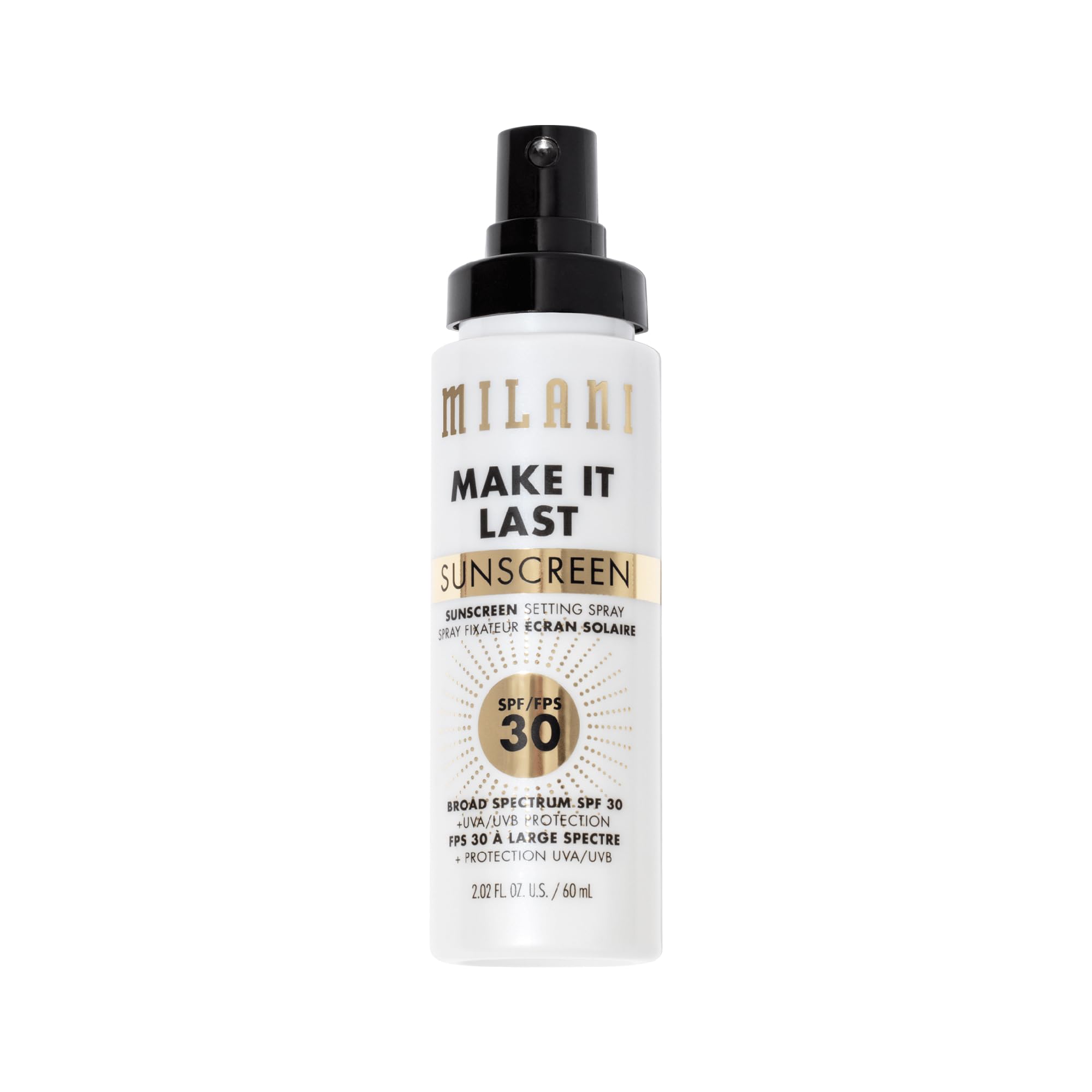 Milani sunscreen setting spray showing shake-before-use for even coverage