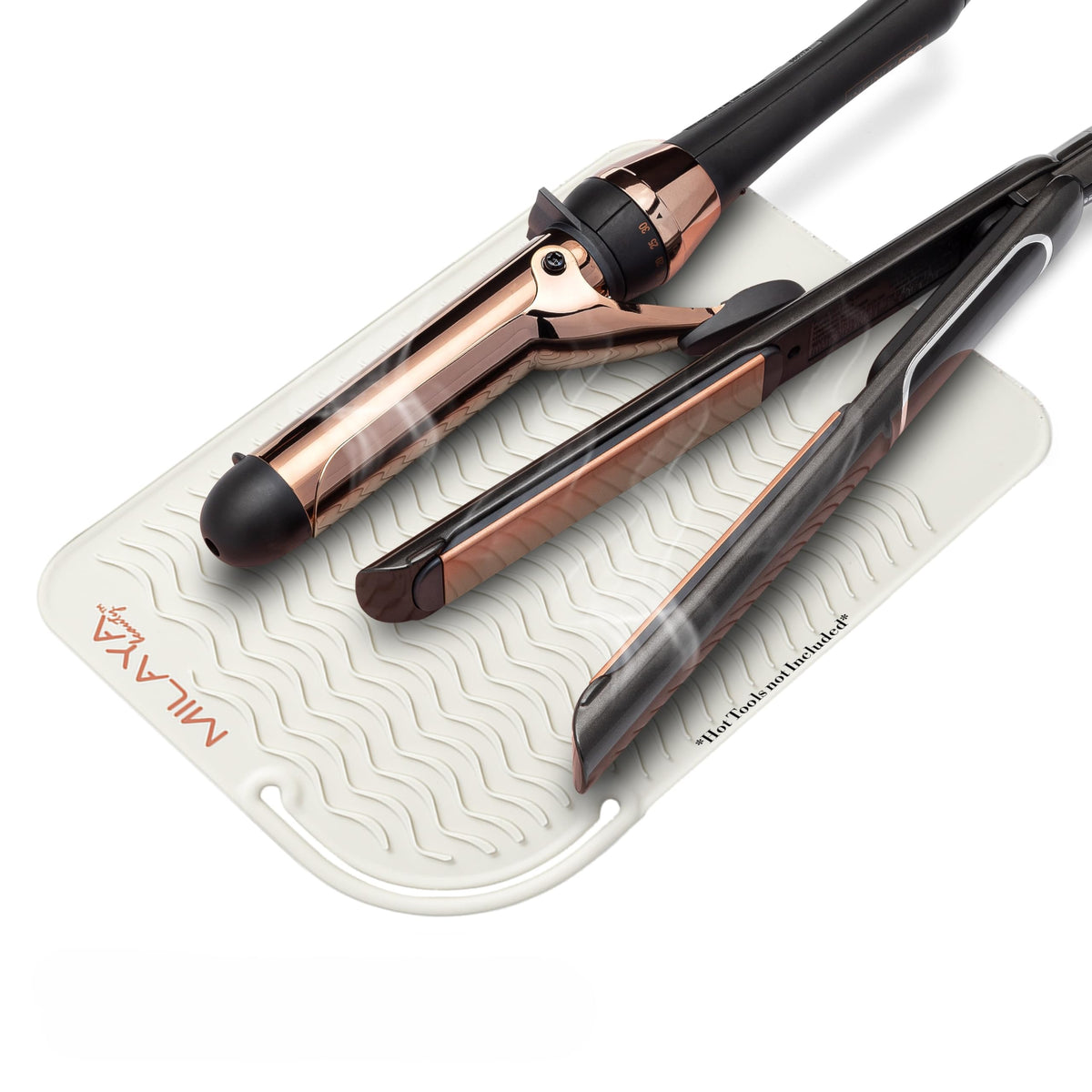Milaya Beauty surface-protection mat showing heat-safe placement of tools