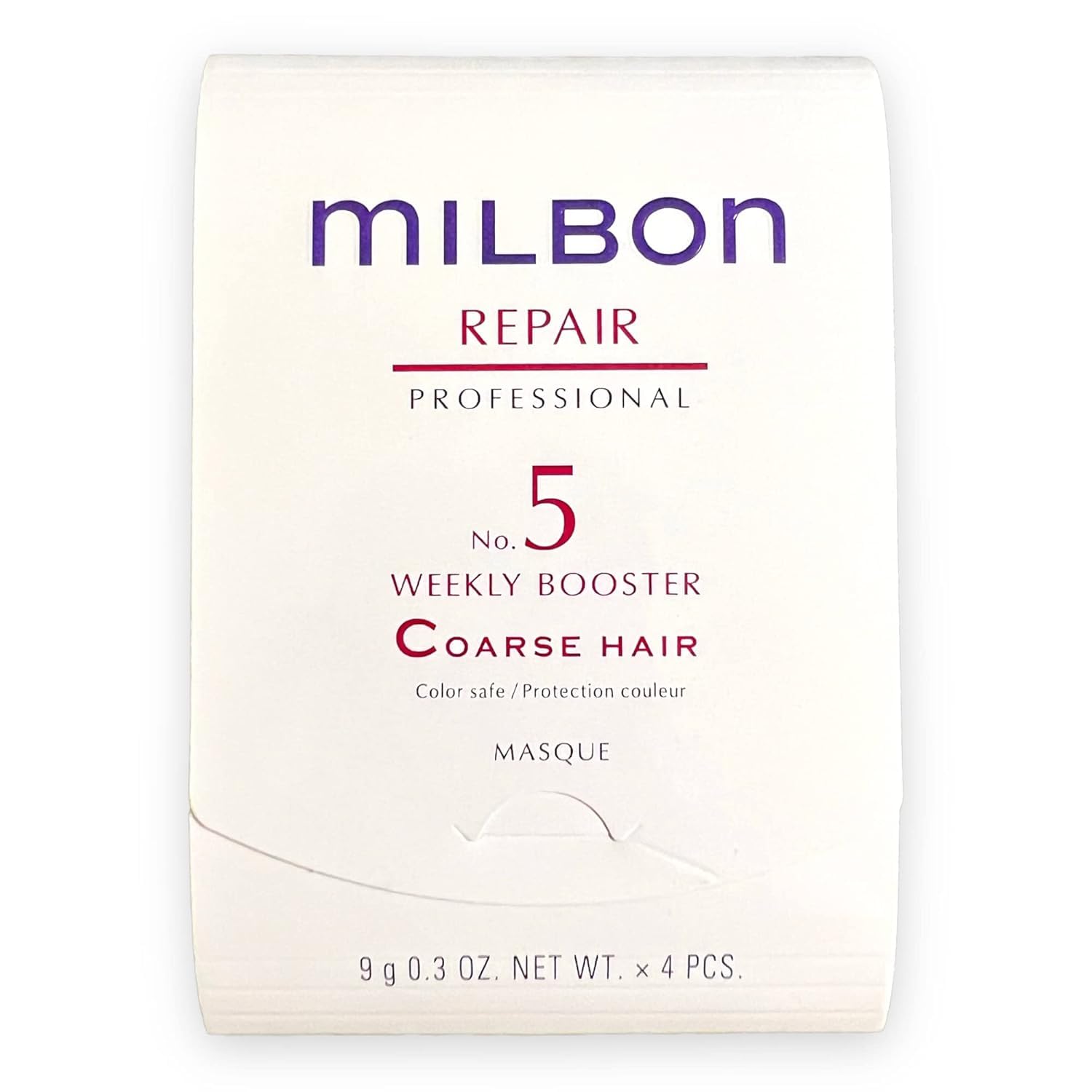 Milbon Repair No.5 Weekly Booster bottle highlights deep conditioning for coarse, dry hair
