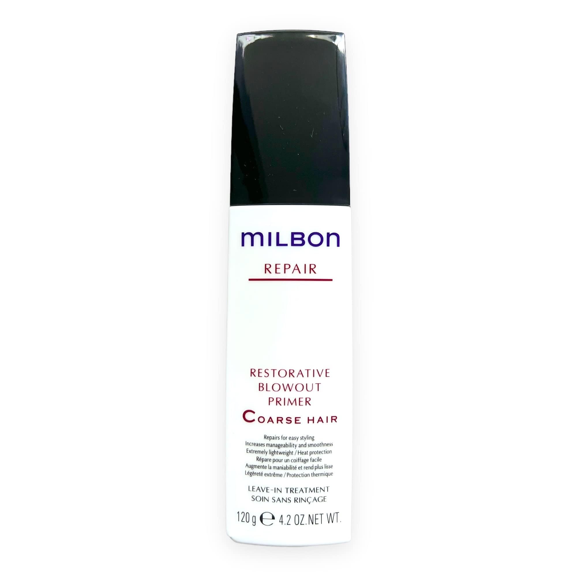 Milbon Repair Restorative Blowout Primer bottle focusing on heat protection and smoothing for coarse hair
