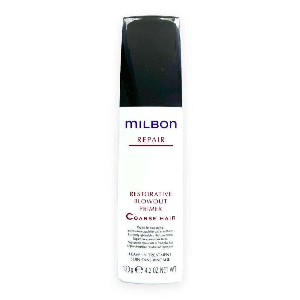 Milbon Repair Restorative Blowout Primer bottle focusing on heat protection and smoothing for coarse hair