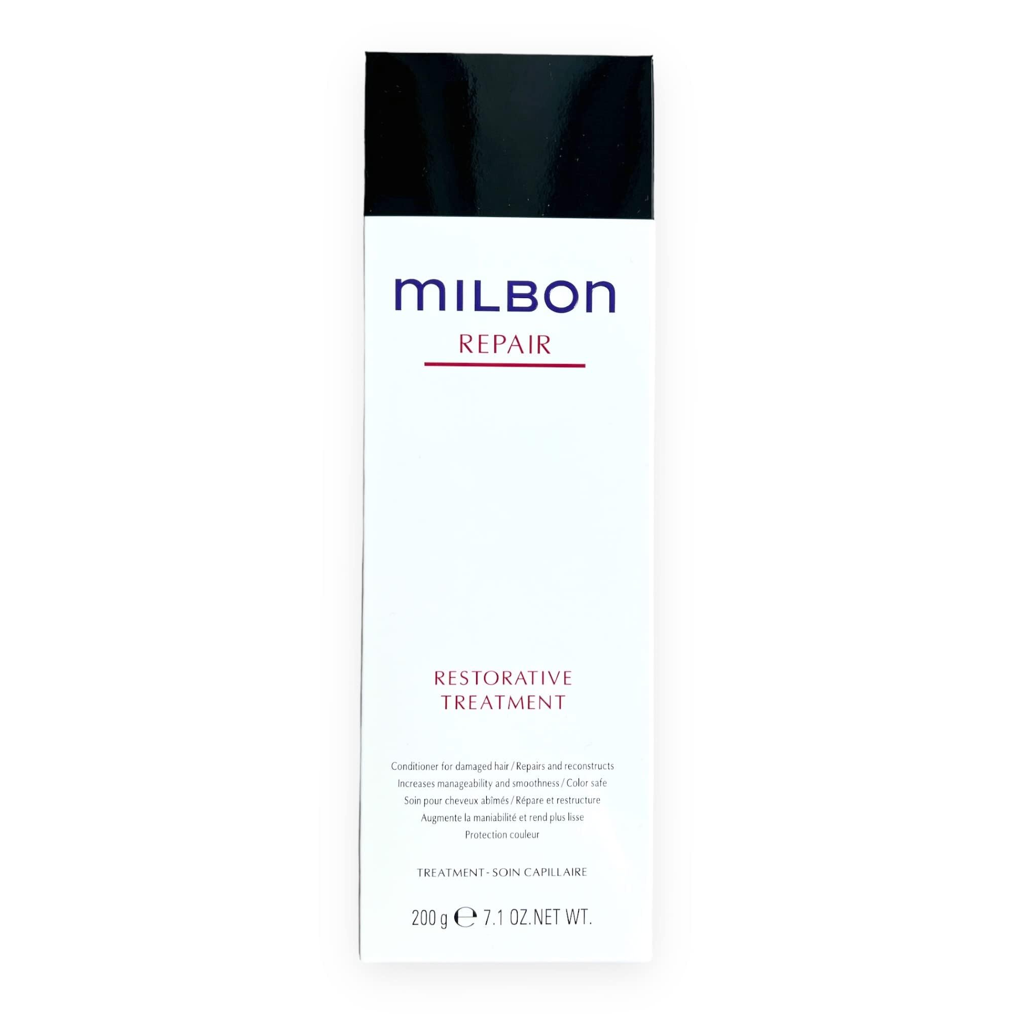Milbon Repair Restorative Treatment bottle closeup showcases intense nourishment for damaged hair.