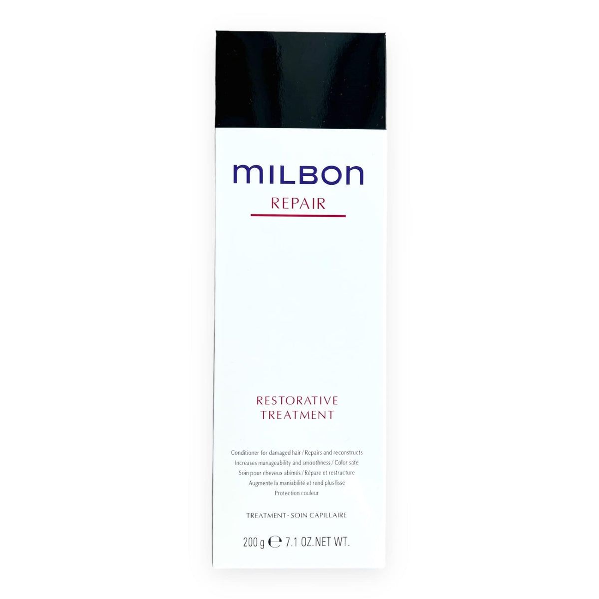 Milbon Repair Restorative Treatment bottle closeup showcases intense nourishment for damaged hair.