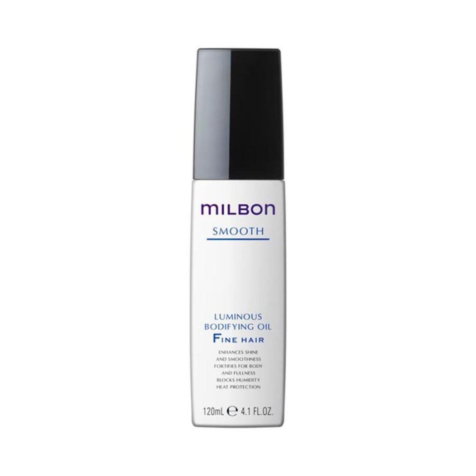 Milbon Smooth Luminous Bodifying Oil bottle front view adds instant shine and body for fine hair.