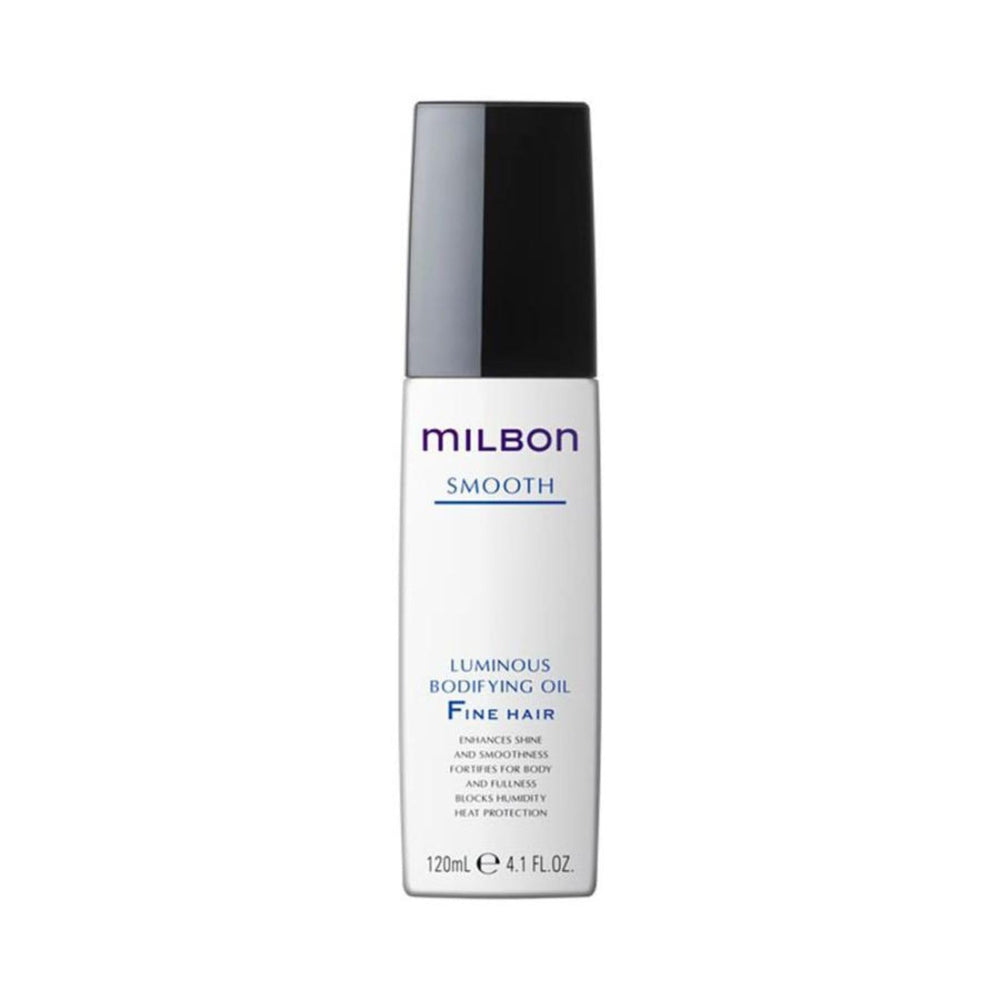 Milbon Smooth Luminous Bodifying Oil bottle front view adds instant shine and body for fine hair.