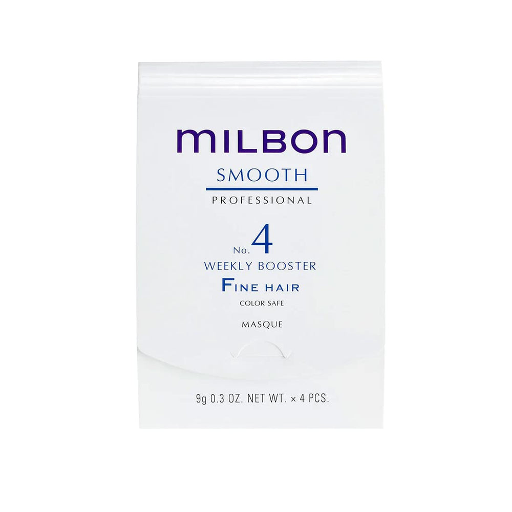 Milbon Smooth No.4 Weekly Booster bottle demonstrates targeted nourishment for fine hair and smoother texture