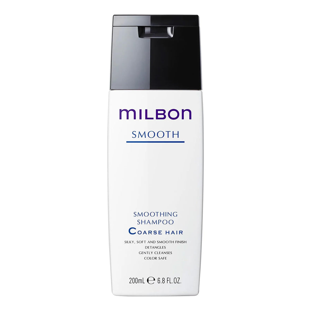 Milbon Smooth Smoothing Shampoo bottle for coarse hair; detangles and refreshes strands.