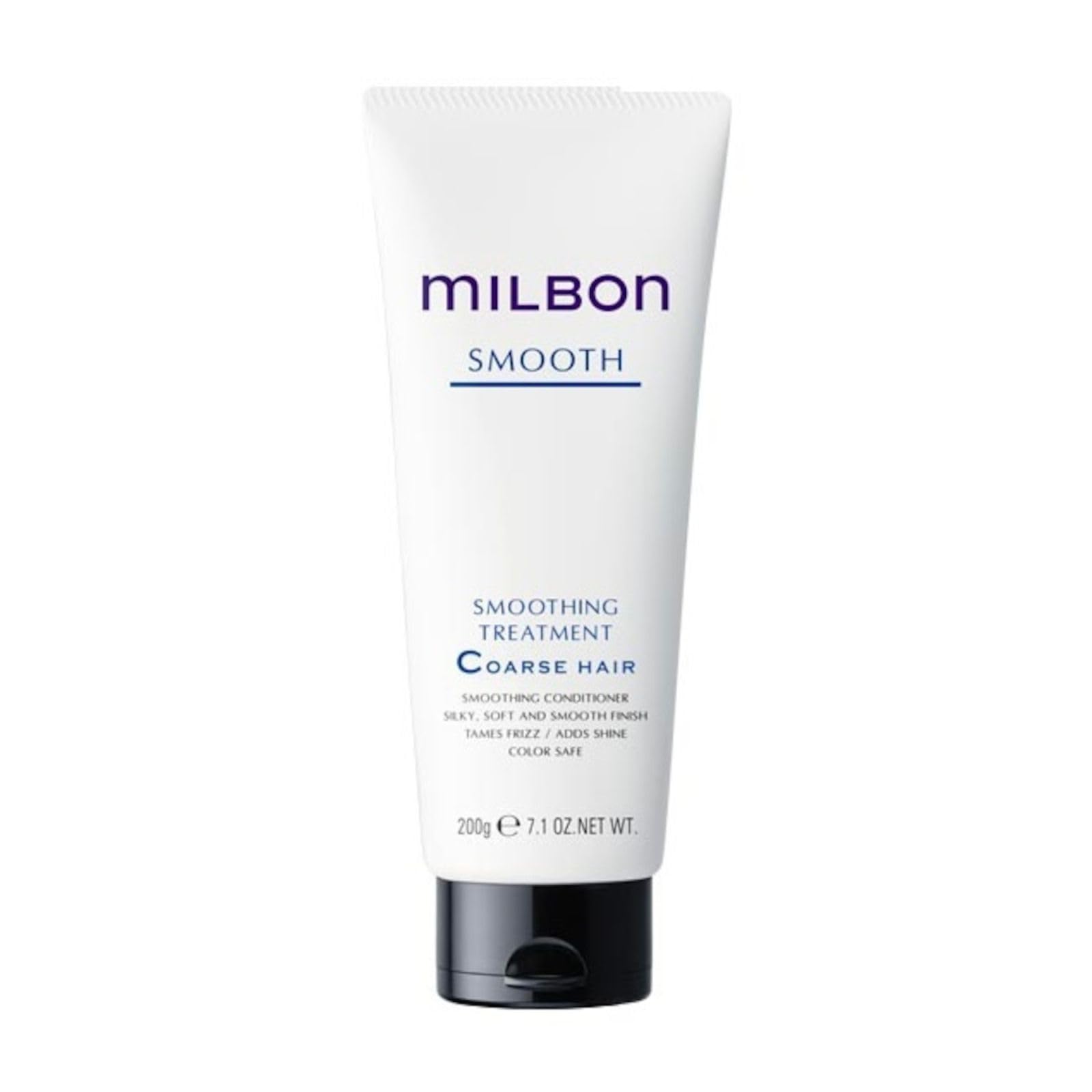 Milbon Smooth Smoothing Treatment bottle shows frizz control for sleek hair care.