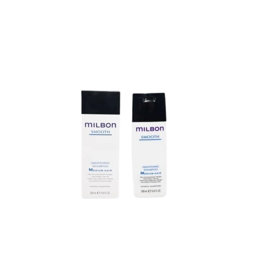 Milbon Smoothing Shampoo bottle close-up for sleek frizz control and hydration.