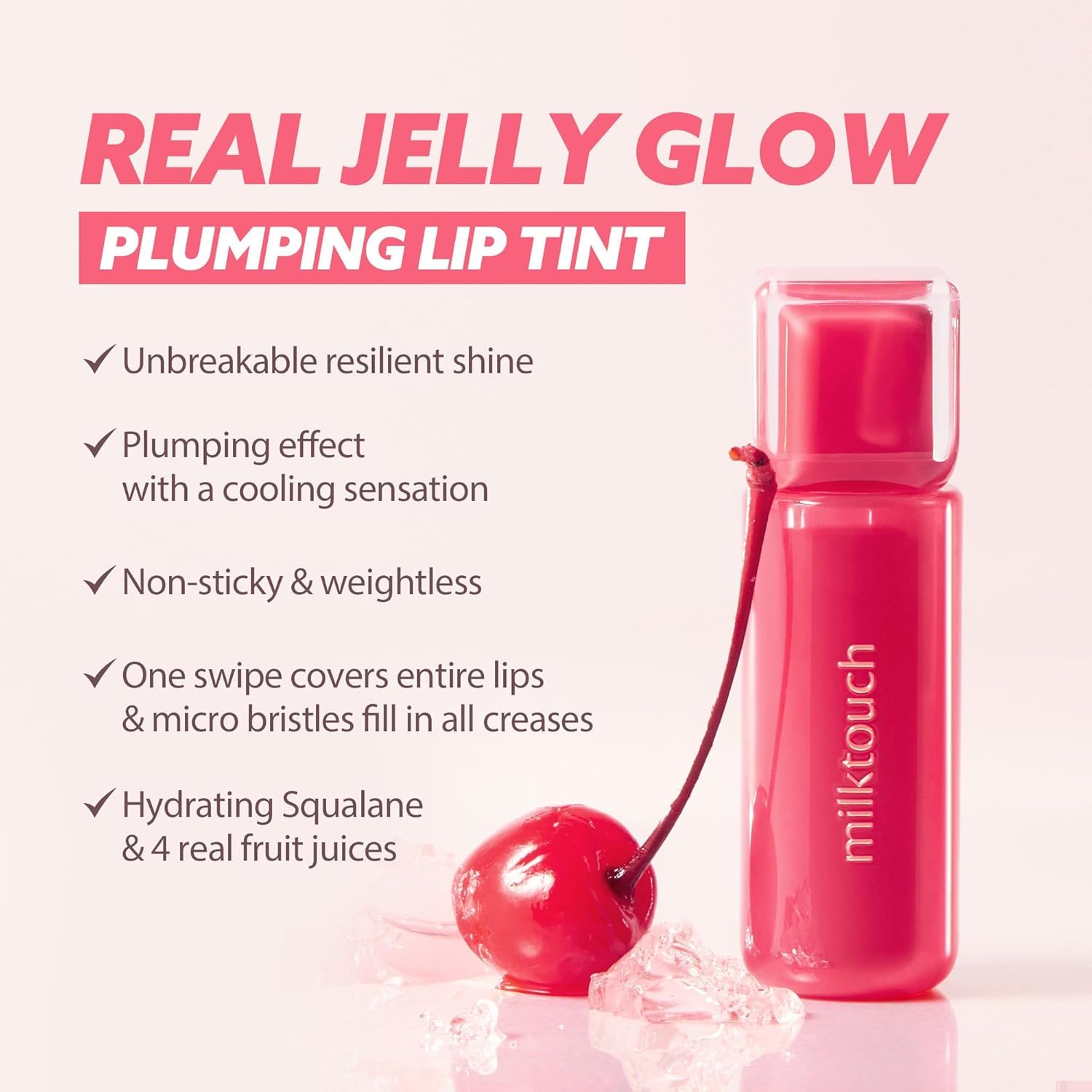 MILKTOUCH Jelly Fit Lip Tint Rosy Breeze cooling-tingle showcases subtle plumping while refreshing