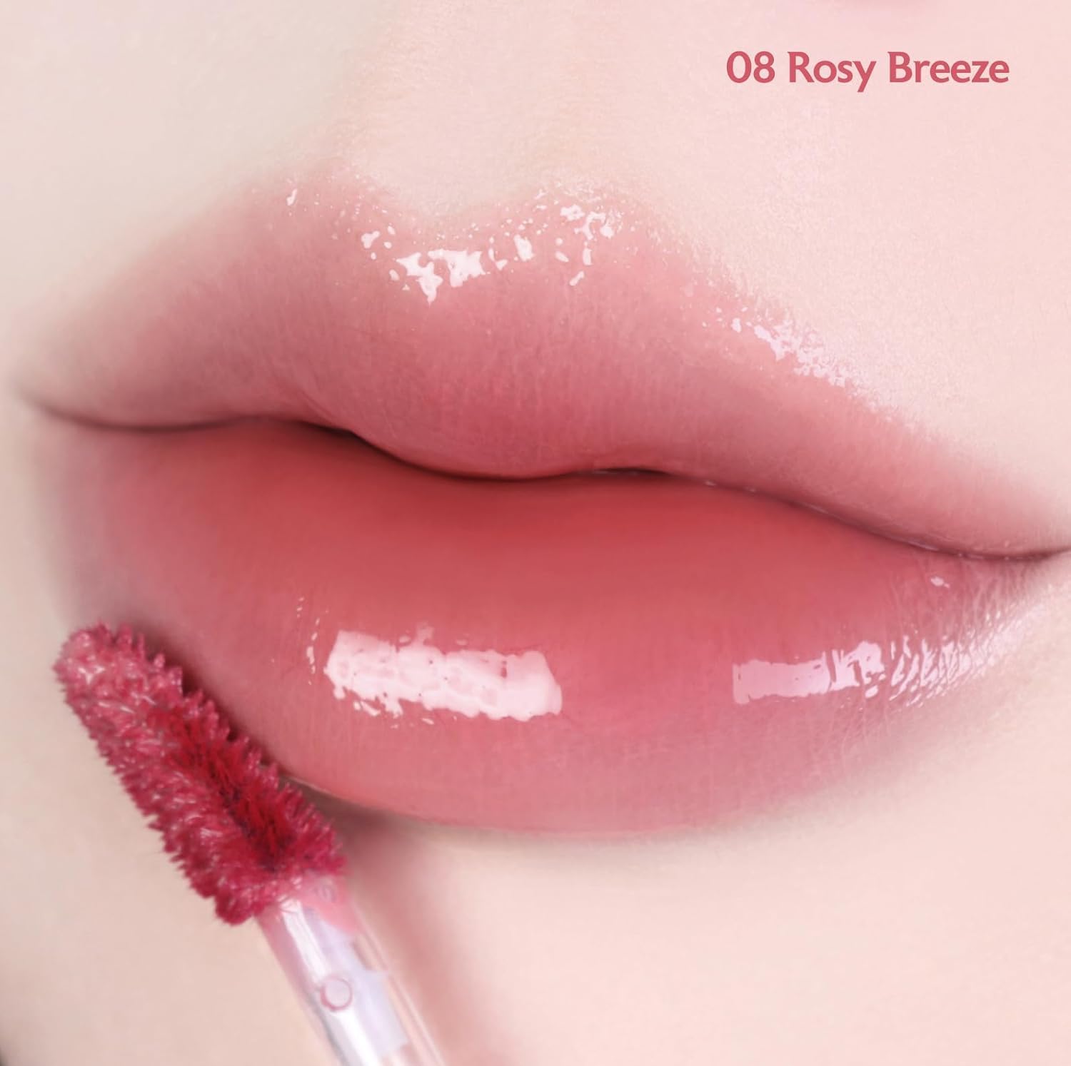MILKTOUCH Jelly Fit Lip Tint Rosy Breeze glassy glow finish demonstrates hydrated, high-shine lips