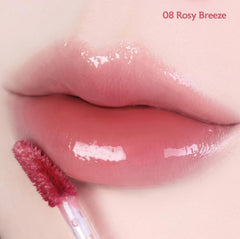 MILKTOUCH Jelly Fit Lip Tint Rosy Breeze glassy glow finish demonstrates hydrated, high-shine lips