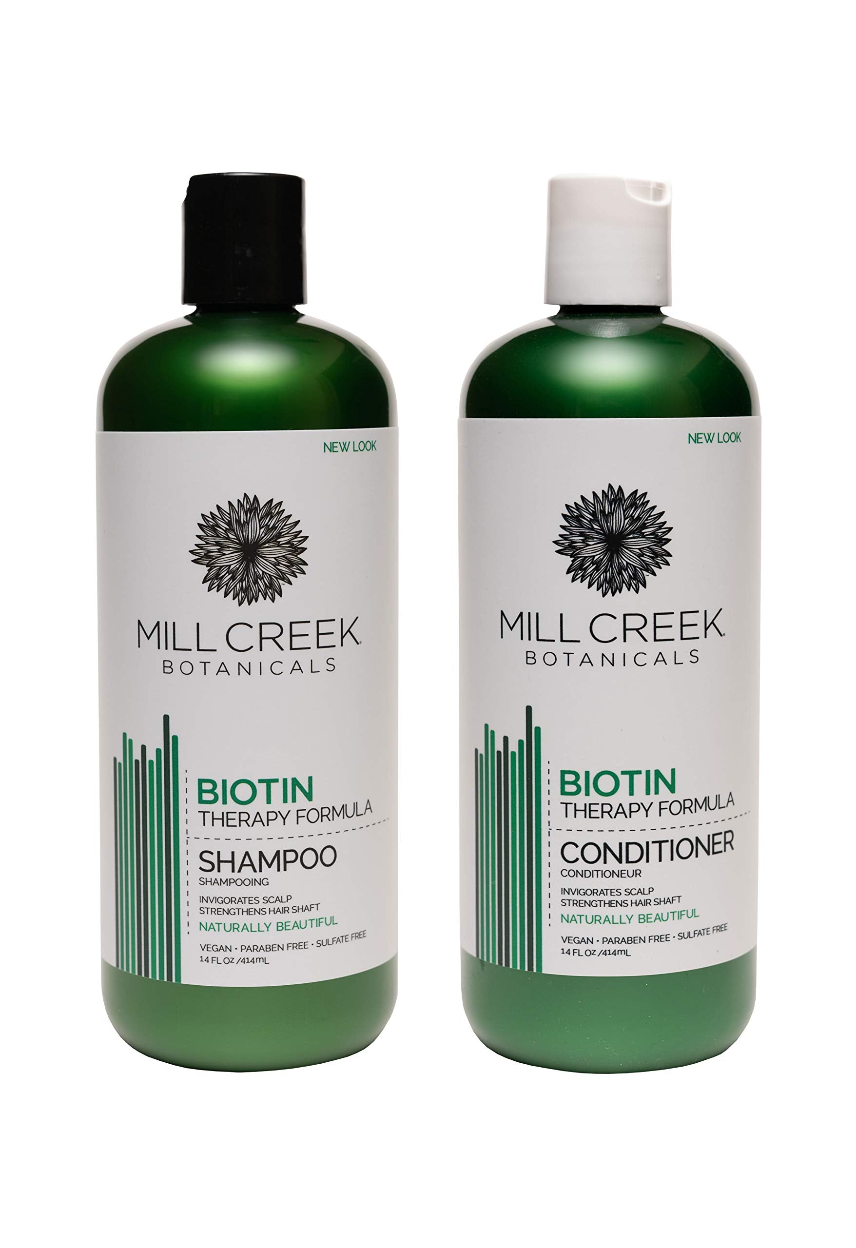 Mill Creek Botanicals Biotin Shampoo & Conditioner bundle packaging for natural hair nourishment.