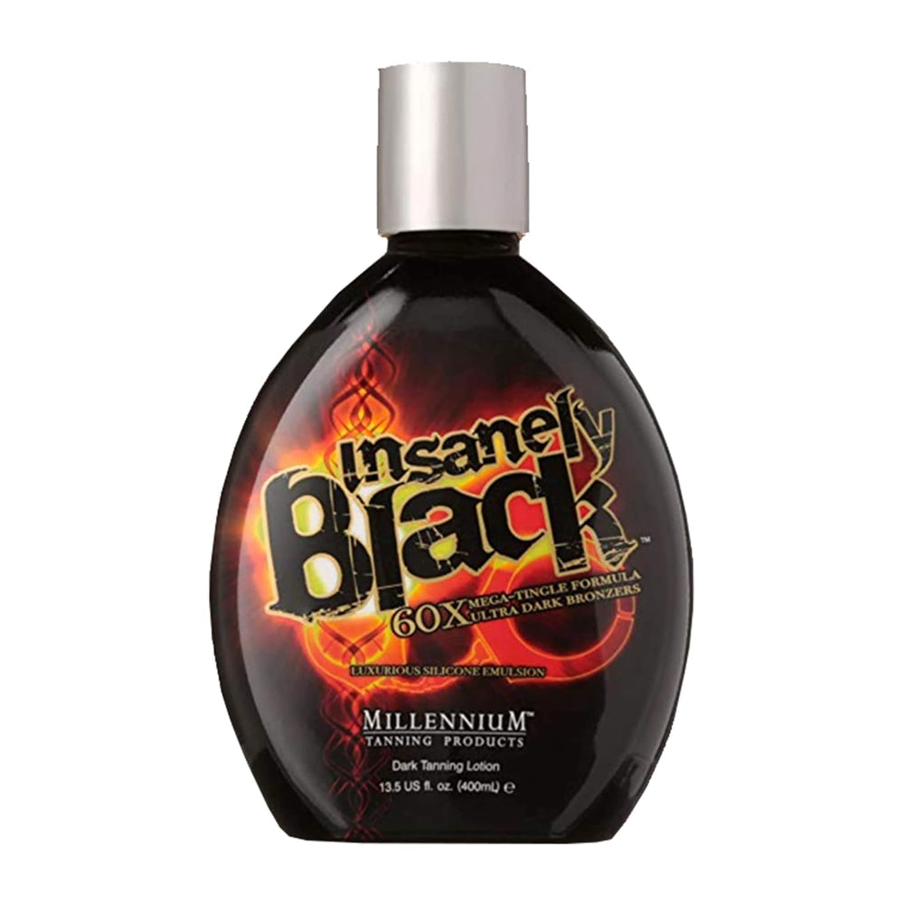 Millennium Tanning Insanely Black 60x glossy packaging highlights premium indoor tanning product.