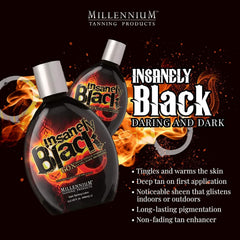 Millennium Tanning Insanely Black 60x label closeup showcases branding and tingle-enhanced tanning experience.