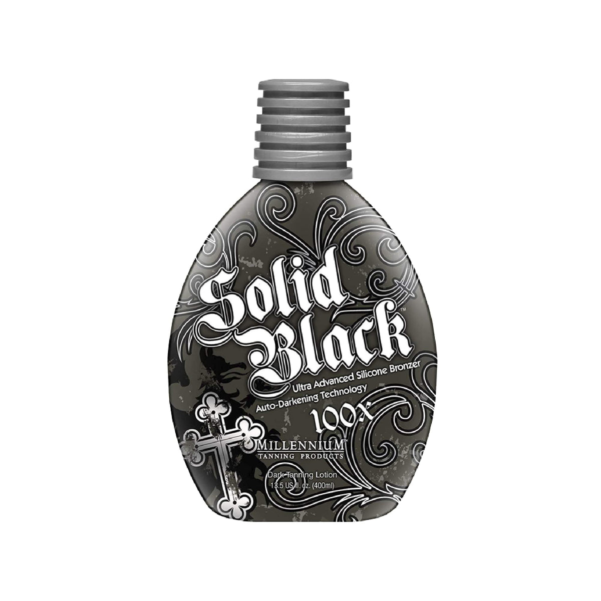 Millennium Tanning Solid Black 100X bottle ready for deep indoor tanning.