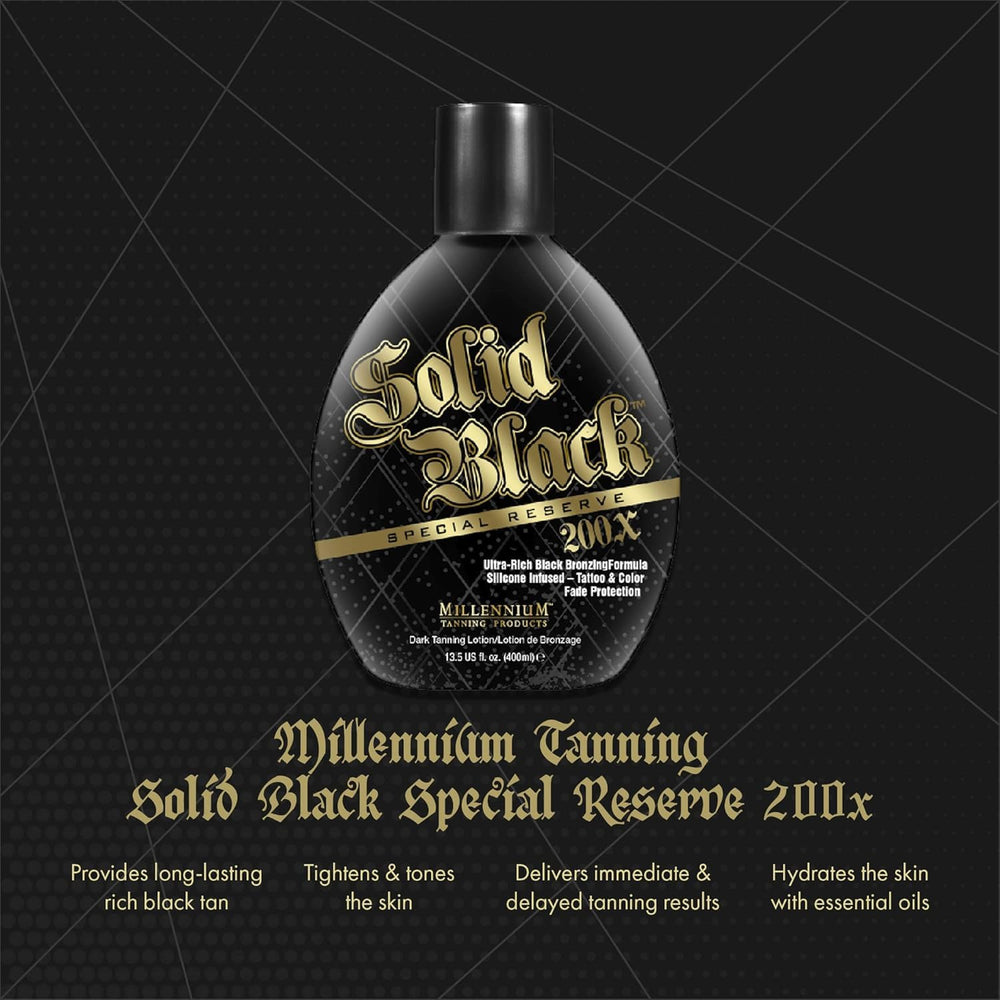 Millennium Tanning Solid Black Special Reserve 200X natural bronzer ingredients reveal glow