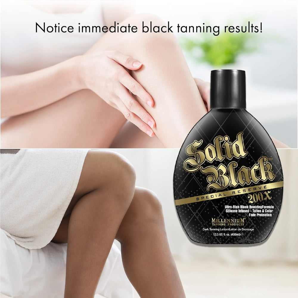 Millennium Tanning Solid Black Special Reserve 200X outdoors scene demonstrating long-lasting bronze