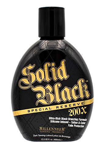 Millennium Tanning Solid Black Special Reserve 200X tattoo protector graphic illustrating tattoo-safe bronzing
