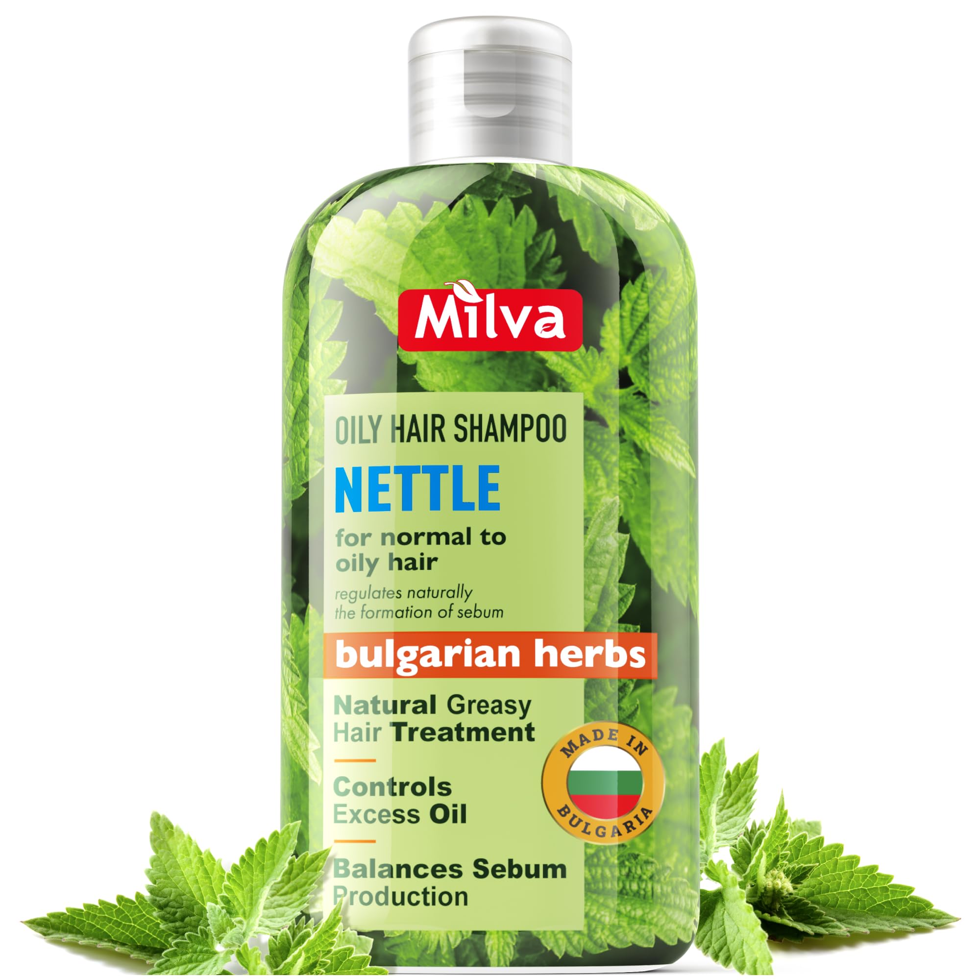 Milva nettle shampoo bottle label promoting oil control for greasy roots