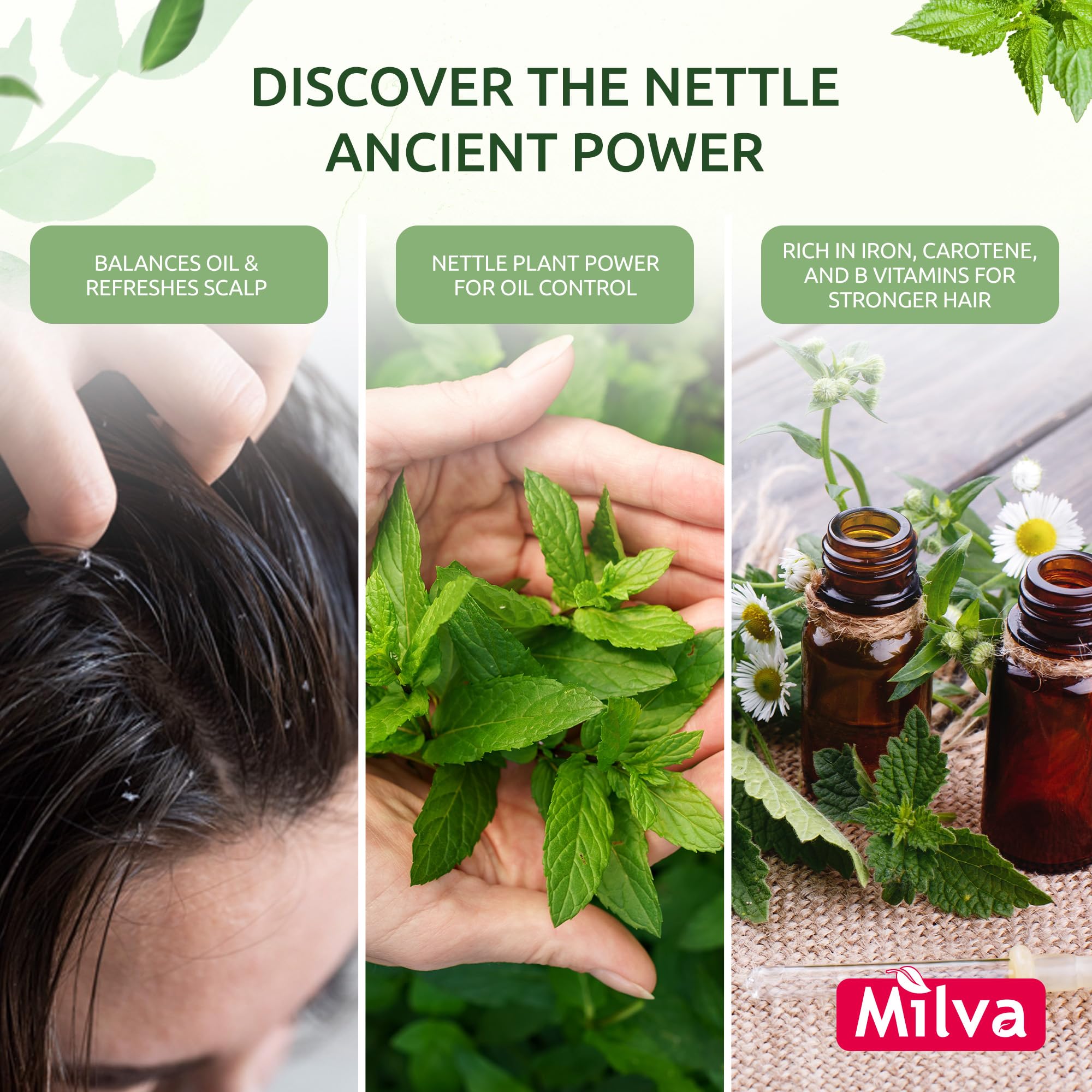 Milva nettle shampoo bottle indicates Made in Bulgaria quality and care