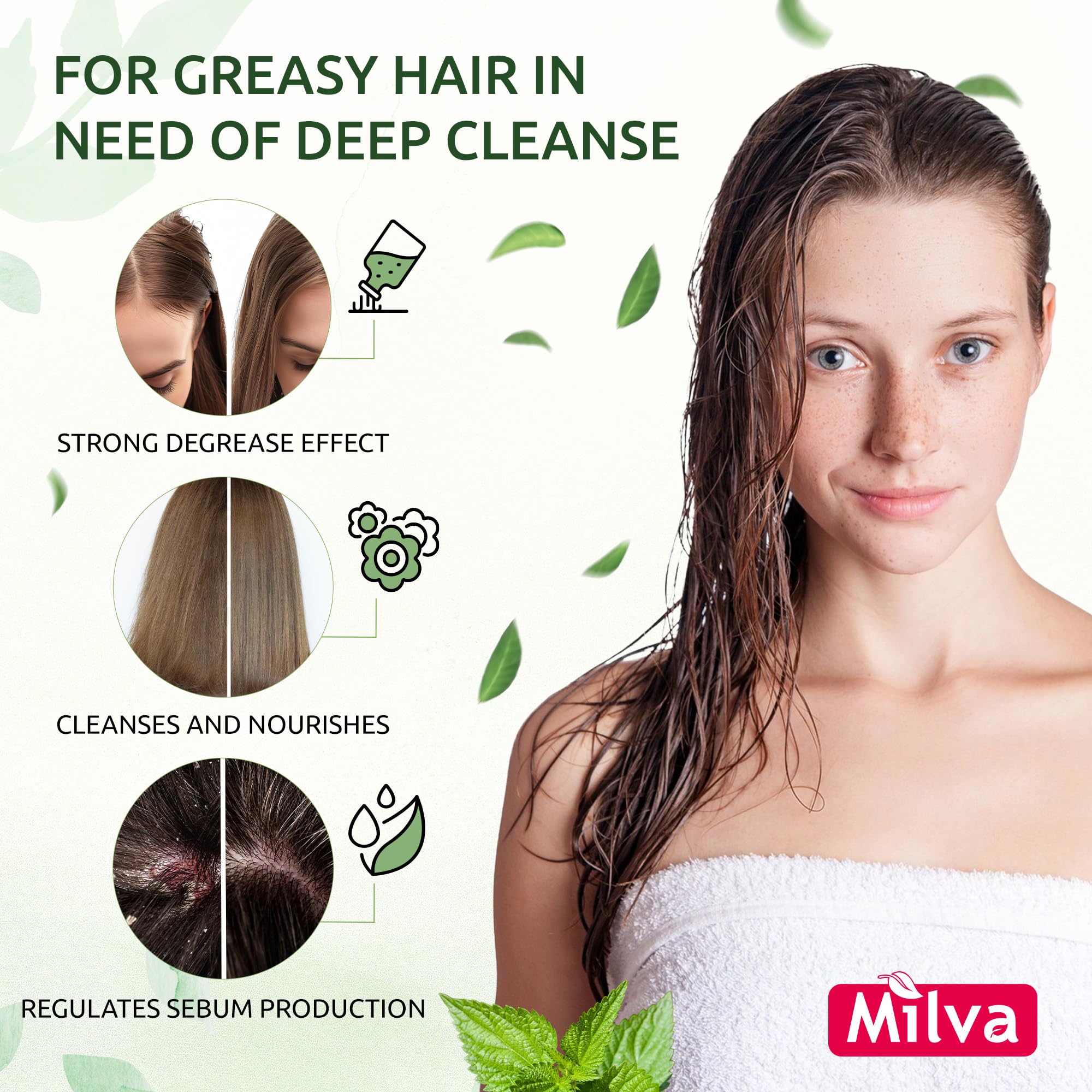 Milva nettle shampoo being applied to oily roots for cleansing and oil control