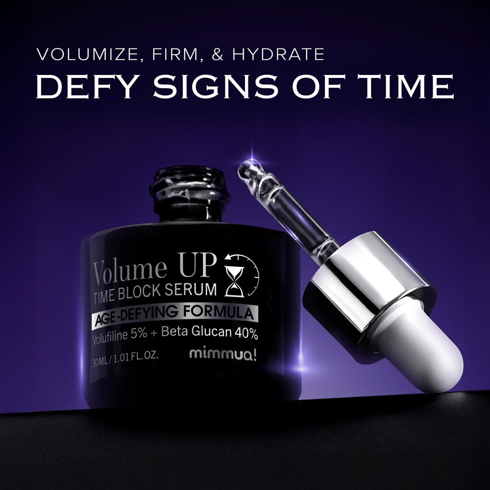 Mimmua Volume UP Time Block Serum packaging highlights premium branding and travel-friendly design for on-the-go skincare.