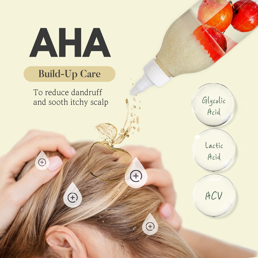 Mimosu Glycolic acid AHA bubbles illustrate buildup removal for clean scalp.