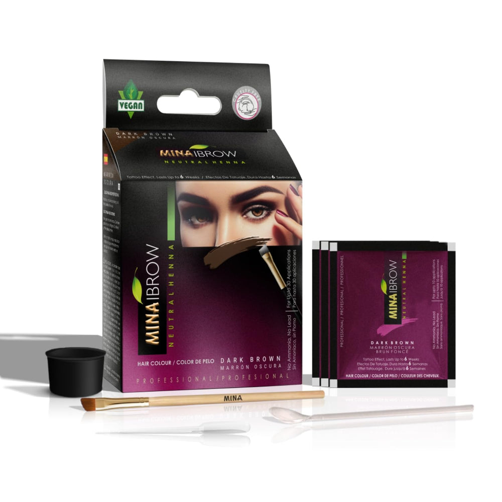 MinaiBrow Dark Brown Tint Kit box shows vegan packaging and ammonia-free formula.
