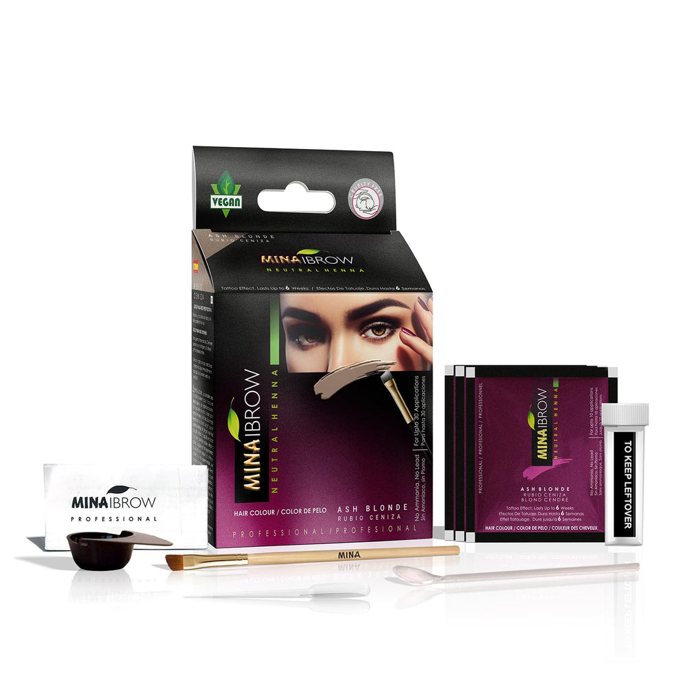 MinaiBrow henna kit ash-blond outer packaging showcases ammonia-free color.